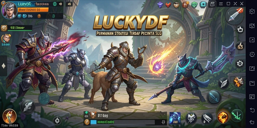 Tangkapan layar gameplay LUCKYDF menunjukkan pertempuran antara pasukan yang strategis.