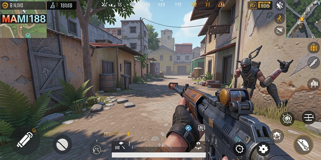 Tangkapan layar utama MAMI188 menunjukkan aksi seru dalam gameplay FPS.